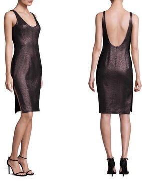 Milly Lurex Metallic Charcoal Scoop-Back Midi Dress